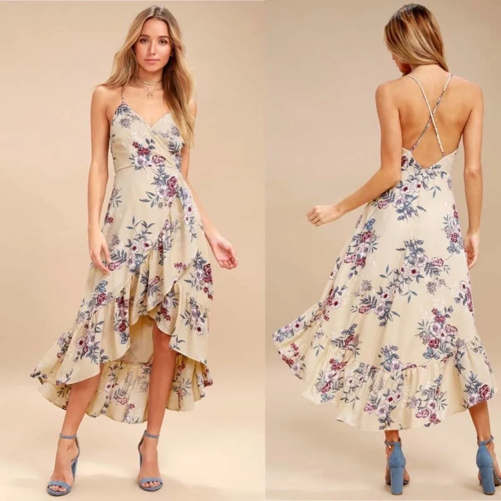 Lulus Maxi Dress Gild The Lily Beige Floral High Low Size Large Ruffle NWOT - Picture 1 of 8